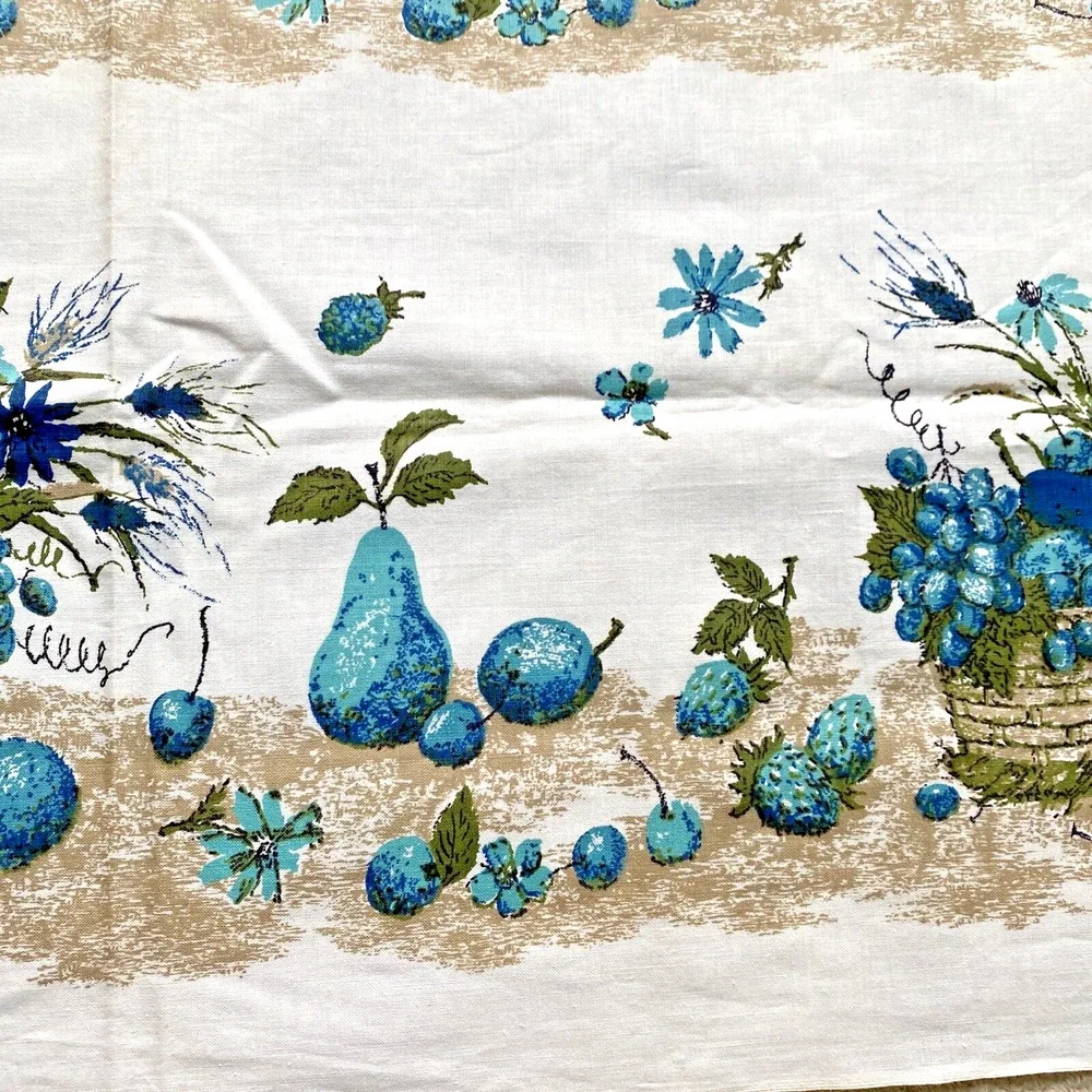 Vintage Tablecloth 70’s Handmade Picnic Buffet Cloth Aqua Blue Tan Fruit Basket